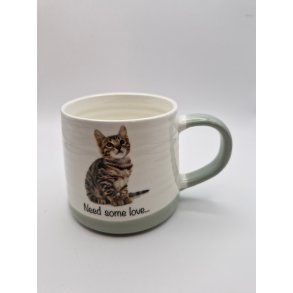 Kop med (stribet) kat. Tekst: Need some love