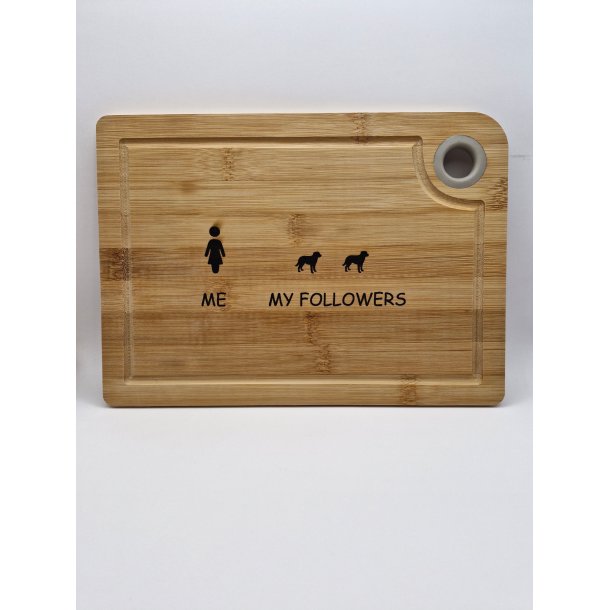 Spkbrt/skilt med teksten "Me .. My followers". Med kvindefigur og 2 hunde